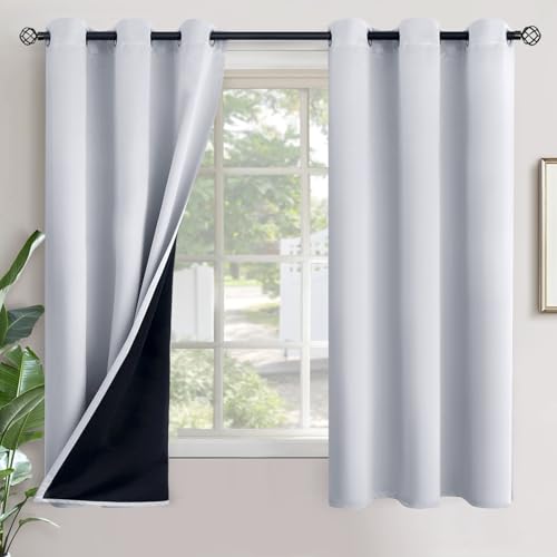 Image of YoungsTex 100% Blackout Curtains 63 Inch Length for Bedroom, Thermal Insulated Black Out Drapes with Black Backing for Living Room Window Grommet, Silver White, 2 Panels, 42 x 63 Inch