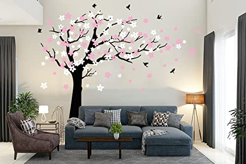 Wandaufkleber / Wandtattoo, Motiv Kirschblüte, Baum im Wind, Vinyl, Wandkunst, Kinderzimmer, Teenager, Mädchen, Jungen, Tapeten, Raumdekoration (schwarzer Baum, weiße und rosa Blume) Cover