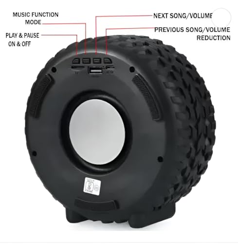 Image of PerfX Portable Car Wheel Bluetooth Speaker - Stereo Sound, RGB Lighting, 1200mAh Rechargeable Battery, Wireless with USB /TF /AUX Support (Black)