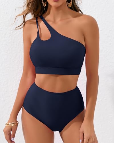 Bikini Sets for Women High Waisted One Shoulder Two Piece Swimsuits Adjustable Straps Modest Bathing Suits - Main Image
