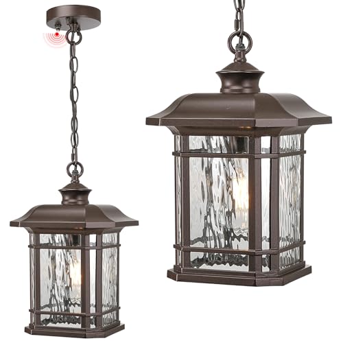 Image of Waterproof Outdoor Hanging Lantern Light 13.8 Inch Large Outdoor Pendant Light with Adjustable Chain Dusk to Dawn Aluminum Hanging Porch Light with Water Ripple Glass E26 Socket