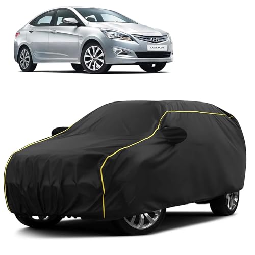 Image of Sulfar 100% Water Resistant Car Body Cover Compatible with Mirror for Hyundai Fluidic Verna (Triple Stitched, Full Bottom Elastic, Black Taffeta with Yellow Piping)