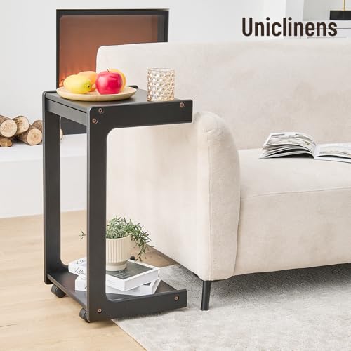 Image of Uniclinens Rolling Side Table for Sofa - C Shape Couch End Table with Wheels, Mobile Wooden Slim Sofa Tray, Movable Small Couch Desk for Living Room Bedroom, Black