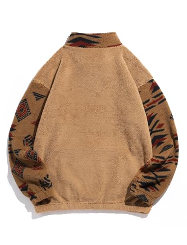 Image of ZAFUL Men 1 /4 Zipper Ethnic Aztec Fleece Unisex Winter Sweatshirt Tops 2026 | Funnel Neck Fluffy Polar Fleece Faux Sherpa Soft Thermal Pullover Kangaroo Pocket Jacket Hoodie Tops
