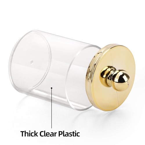 Image of Tbestmax 10oz Qtips Holder Bathroom Container - Plastic Apothecary Jar with Gold Lids for Cotton Bal Swab Round Pads, Floss - Gold