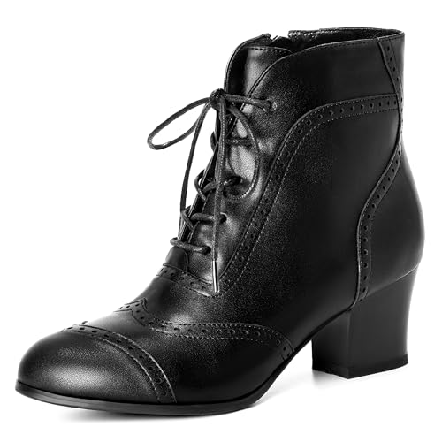 Short Ankle Boots Lace Up Booties for Women Side Zipper Victorian Boots Block Chunky Mid Heel