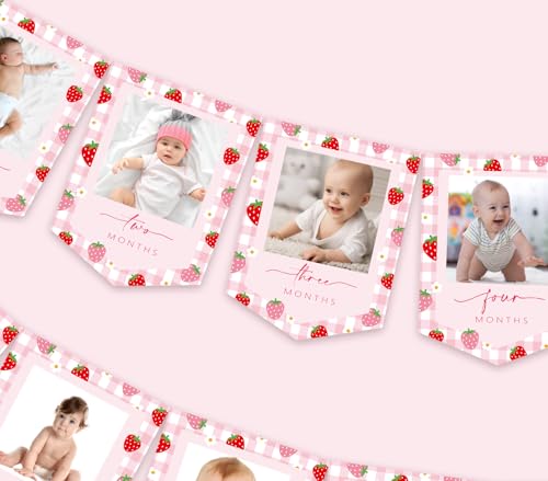 Image of JarThenaAMCS 2Pcs Strawberry Photo Banners Pink Red Plaid Daisy Strawberry Banner Newborn to 12 Months Picture Display Garland for 1st Birthday Decoration