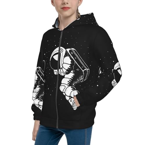 Astronaut Floating in Cosmos Kids Pullover Hoodies Boys Zip Up Sweatshirts Girls Athletic Clothes with Pocket