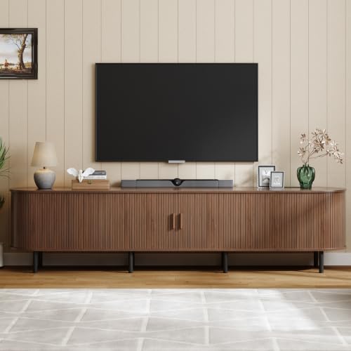 Image of ONBRILL 94.5 inch TV Stand with Power Outlet for TVs up to 102 Inch, Entertainment Center with Storage and Adjustable Shelves, Modern Media Console with Sliding Doors for Living Room, Walnut
