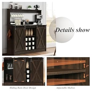 Farmhouse Coffee Bar Cabinet with 6 Hooks, 47 Inch Coffee Bar Hutch with 9 Wine Racks, Coffee Bar Table with Sliding Barn Door, Wine Bar with Adjustable Shelves for Dining Living Room, Dark Oak Farmhouse Coffee Bar Cabinet with 6 Hooks 47 Inch Coffee Bar Hutch with 9 Wine Racks Coffee Bar Table with Sliding Barn Door Wine Bar with Adjustable Shelves for Dining Living Room Dark Oak