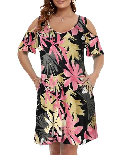 Image of JollieLovin Womens Plus Size Short Sleeve Cold Shoulder V Neck T-Shirt Dress with Pockets
