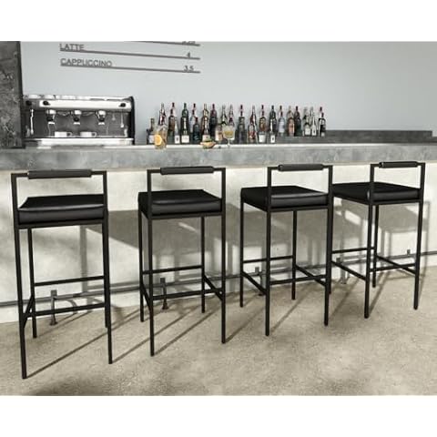 Shunzhi Black Modern Bar Stools Set of 4 PU Leather Bar Height Barstools Upholstered Square Tall Bar Chairs Industrial Counter Stool with Back/Metal Legs for Bar/Kitchen Island/Pub,30 Inch Cover