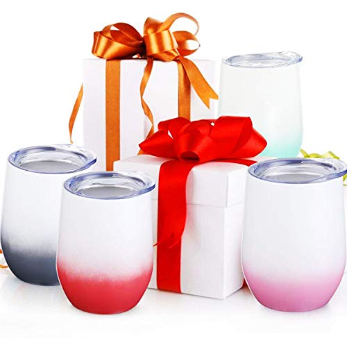Zonegrace 4 Pack 12 Oz Stainless Steel Stemless Wine Glass Tumbler Double Wall Vacuum Insulated Wine Tumbler Different Color With Lids Set Of 4 For Coffee, Wine, Cocktails, Ice Cream #TOP4