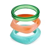 Ensemble empilable : trois bracelets en résine de couleur verte, pêche et turquoise avec des formes mixtes (rondes et carrées) pour un style facile à assortir : portez un, deux ou les trois.