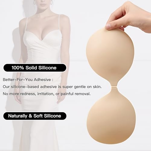 Image of MITALOO Adhesive Bra Invisible Sticky Strapless Push up Backless Reusable Silicone Covering Nipple Bras Warm Beige