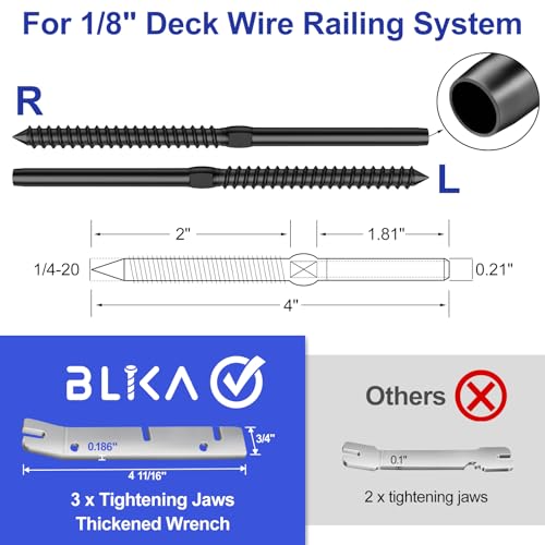 Image of BLIKA 100 Pack 1 /8 inch Black Cable Railing Kit Left &Right Swage Lag Screws for Wood Posts, T316 Stainless Steel, Wire Railing Kit for Decks with Wrench, Deck Stair Black Cable Railing Hardware