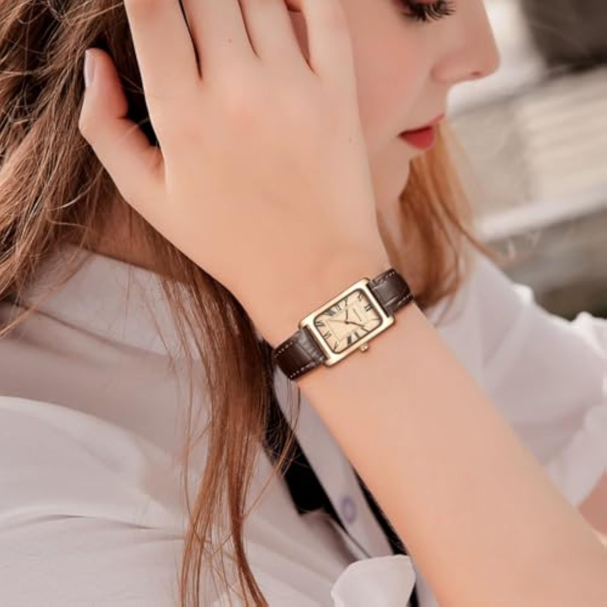 Women's Rose Gold Rectangular Case Leather Watch