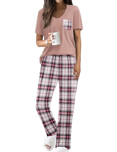 Ekouaer Pajama Sets for Women Short Sleeve Pj Set V Neck Sleepwear Chest Pocket with Long Pants Casual Loose Loungewear Pink Plaid M