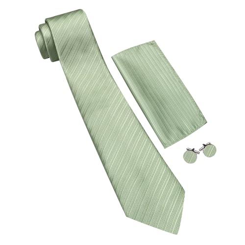 Image of Barry.Wang Solid Striped Tie for Men Silk Necktie Pocket Square Cufflinks Formal Wedding Party Business