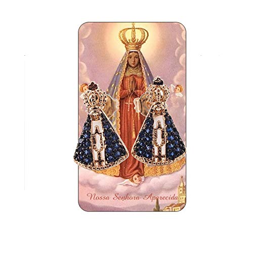 Nossa Senhora Aparecida Nuestra Señora Aparecida Patrona de Brasil Aretes Pendiente Zarcillo de Oro Laminado Acentuada con Filigrana y Zirconia Cristal Azul Incluye Postal de Rezo en Portugués3
