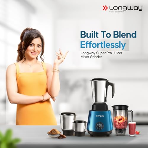 Image of Longway Super Pro Juicer Mixer Grinder | Up to 750W Max Output Powerful Motor | 4 Jars for Grinding, Mixing, Juicing | 2 Years Warranty (Blue & Black)