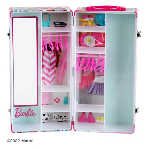 Theo Klein 5801 Barbie Schrankkoffer Kleiderstangen und Fächern, Spielzeug für Kinder ab 3 Jahren, inkl. Zubehör, Multicolor