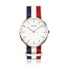 Men's Nylon Strap Watch Unique Analog Quartz Waterproof Business Casual Big Face Dress Wrist Watch with Blue White Red Striped Canvas Band