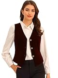 Allegra K Women's Waistcoat Steampunk Velvet Christmas Sleeveless Button Down V-Neck Suit Vests Medium Burgundy