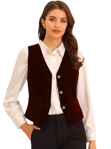 Allegra K Women's Waistcoat Steampunk Velvet Christmas Sleeveless Button Down V-Neck Suit Vests Medium Burgundy