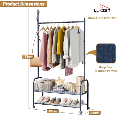 Image of Lukzer | MGR-002 | Deep Sea | Metal Cloth Stand & Garment Rack with Wheels, 2 Bottom Shelves & Single Rod - Space-Saving Clothes Organizer for Bedroom, Bathroom, Office & More | 173 x 90 x 34 cm