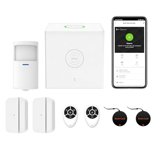 Mengshen WLAN-Alarmsystem, drahtloses intelligentes 8-teiliges Kit enthält Türsensor Bewegungssensor Fernbedienung RFID-App-Steuerung für Haussicherheit Haus Garage Wohnmobil