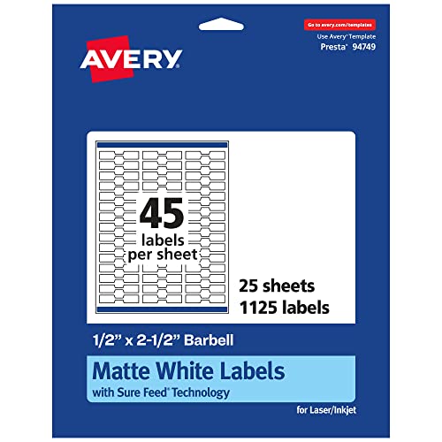 Avery Matte White Barbell Labels, Sure Feed Technology, 0.5