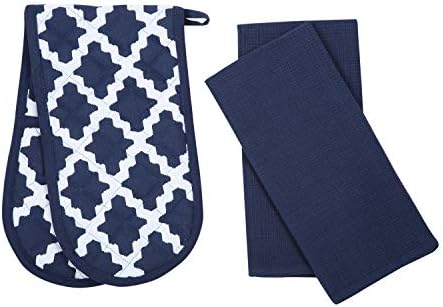 Penguin Home Apron, Double Oven Glove and 2 Kitchen Tea Towels Set-100% Soft, Durable, Heat Resistant & Super Absorbent, Cotton, Navy/White, 70 X 90, 18 X 90, 45X 65 cm