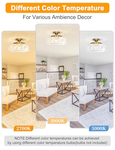 Slypadan Semi Flush Mount Ceiling Light, 12 Inch Large Gold Ceiling Light Fixture, 3-Light Globe Glass Farmhouse Kitchen Lighting Fixtures for Bathroom, Hallway, Dining Room (Bulb Not Included) - Thumbnail 3