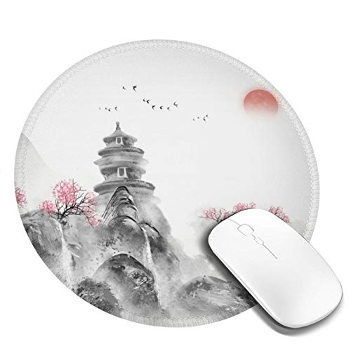 DADABULIU マウスパッド 円形 小形 水墨画 風景 唐絵 東洋風 梅 ゲーミング ゴム底 光学マウス対応 滑り止め 耐久性が良い おしゃれ かわいい 防水 サイバーカフェ オフィス最適 適度な表面摩擦 直径:20cm