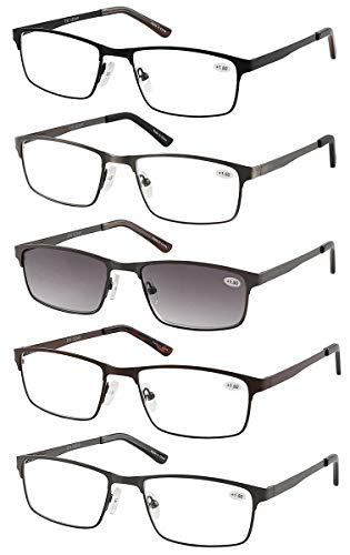 Eyecedar 5-Pack Reading Glasses Men Metal Frame Rectangle Style Stainless Steel Material Spring Hinges Include Sun Readers 3.00