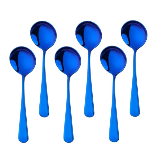 Buyer Star Lot de 6 cuillères à soupe rondes en acier inoxydable de 16,3 cm pour céréales, porridge, fruits, yaourt, passent au lave-vaisselle (6, bleu)
