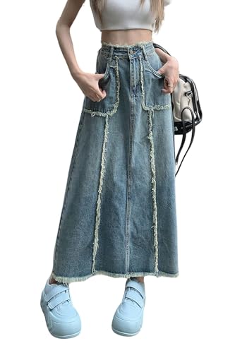 chouyatou Women's Summer Casual Flared High Waist Long Jean Skirt A-Line Maxi Frayed Denim Skirt