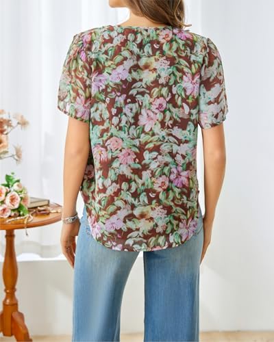 Ystguic Womens Chiffon Tie Crewneck Vintage Floral Blouse Soft Short Sleeve Casual Shirts 2026 Summer Elegant Tops Large Brown and Multi Floral YG123 L — view 5
