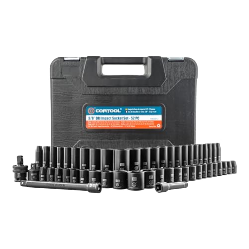 Cortool CORTOOL 3/8' Impact Socket Set, 52 Piece, Standard SAE (1/4'-3/4') & Metric (6-22mm) Full Sizes, Deep & Shallow Kit, Impact Socket Set Metric and Standard Full, Impact Socket Set 3/8 Drive