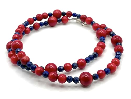 Collier corail rouge et lapis lazuli bleu en argent 925 de créateur