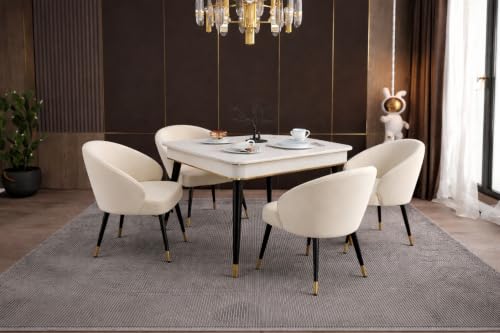 Image of WOODEN SPACE 4 Seater Wooden Dining Table Set | Urban Marble Top Dining Table with Chairs for Dining Room & Kitchen (Modern Classic Beige) (42 x 42 x 30 inch)