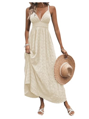 Milumia Women's Summer V Neck Backless Maxi Dress Boho Spaghetti Strap A  Line Flowy Beach Long Sundress Apricot X-Small at Amazon Women's Clothing  store