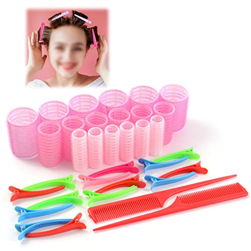 34 Stücke Lockenwickler Selbsthaftend Haarwickler Set Lockenwickler mit Clips Set Kunststoff Glatten Lockenwickler Entenschnabel Trennung Clips haftwickler Hair Rollers für das Haarschnitt-Styling Cover