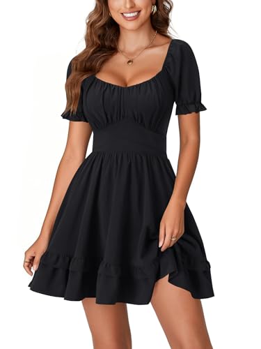 LYANER Women's Scoop Neck Ruched A Line Puff Sleeve Ruffle Layered Shirred Back Mini Dress