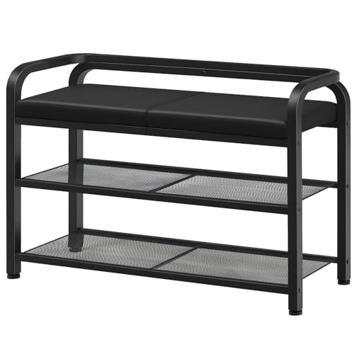 YATINEY Shoe Bench with Backrest, Entryway Bench, 2-Tier Shoe Rack with PU Padded Seat, Upholstered Shoe Storage Bench with Back, for Hallway, Entryway, Foyer, Bedroom, Black HX04BB