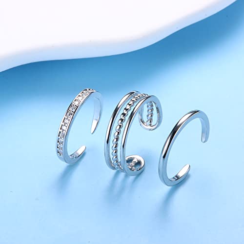 Jerywe 3 Pcs Toe Rings For Women Sterling Silver 925 Hypoallergenic Adjustable Open Toe Ring Plain Sterling Silver Cubic Zirconia Band Toe Rings Set Minimalistic Beach Foot Jewelry #TOP6