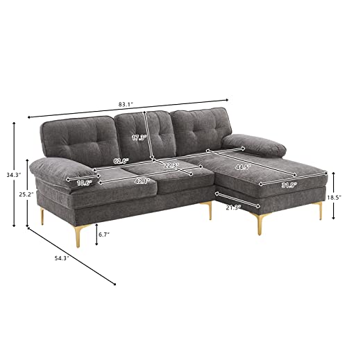 Karl Home Sectional Sofa 83" L-Shape Sofa Couch 3-Seat Couch With Chaise Chenillefabric Upholstered For Living Room, Apartment, Office, Dark Gray #TOP1