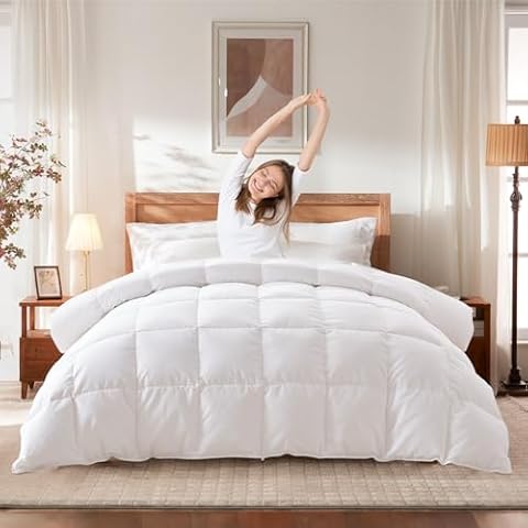 WarmKiss Queen Size Goose Feather Down Comforter – Ultra-Soft 100% Cotton Cover, Moisture-Wicking, Natural Kapok Fill, 46oz Medium Warmth, All-Season Fluffy Duvet Insert (90x90, White) Cover