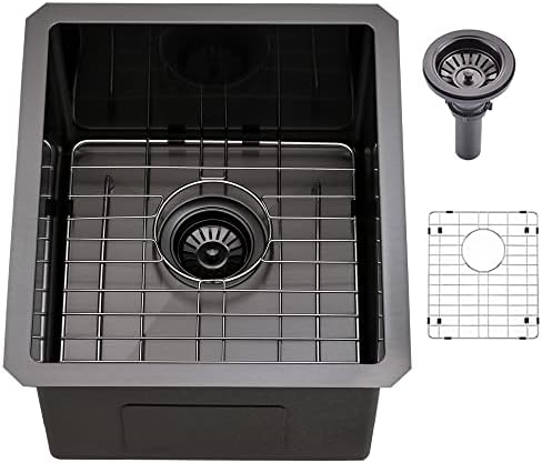 Black Bar Sink Undermount-Bokaiya 15x17 Inch Black Stainless Steel Wet Bar Sink 16 Gauge Single Bowl Small Undermount Bar Sink with Bottom Grid